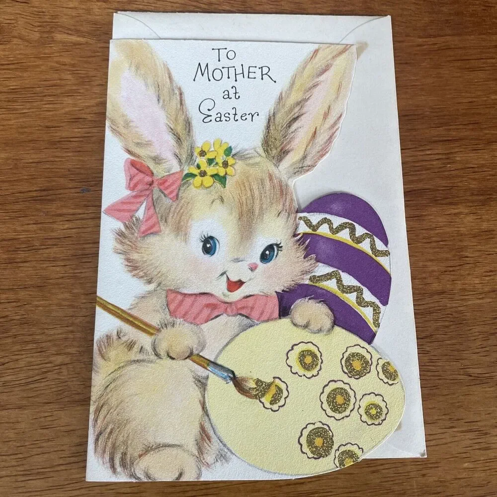 Vtg Stanley Bunny Spring Die Cut Glitter Happy Easter Mother Greeting Card